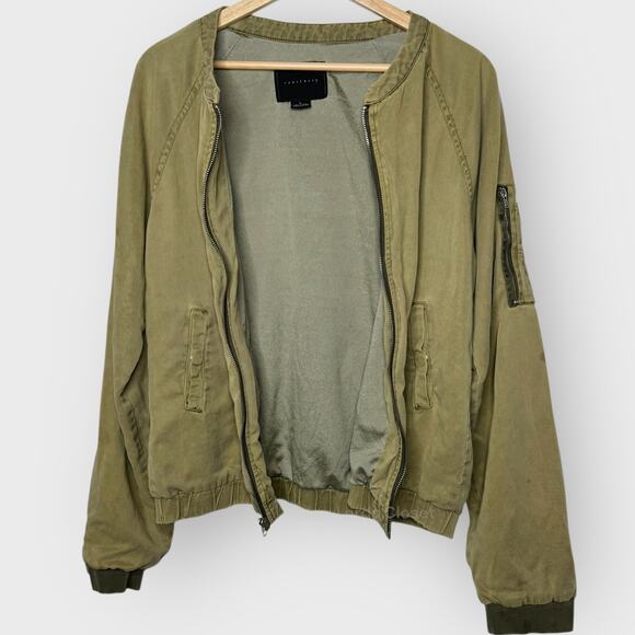 Sanctuary Pilot Bomber Jacket Large Safari Green Full Zip Linen Blend Zip Pocket - Picture 6 of 7